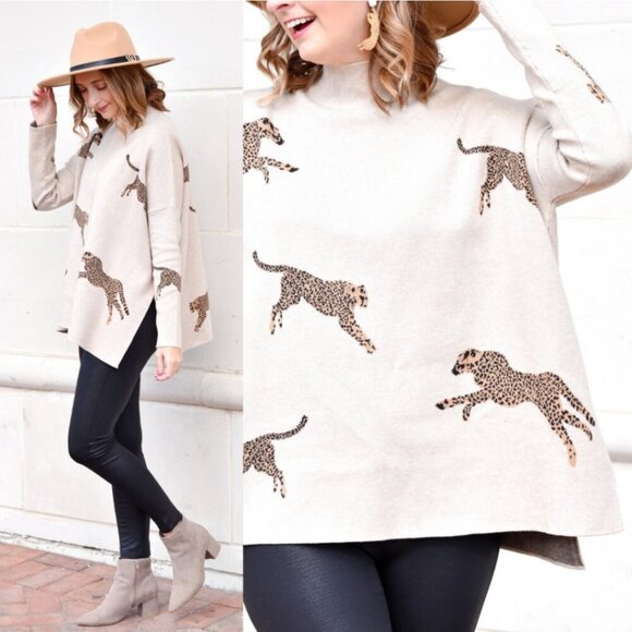 Entro SZ XL Ecru Sweater Leopard Graphic Minimalist Classic Chic Modern - Picture 1 of 9